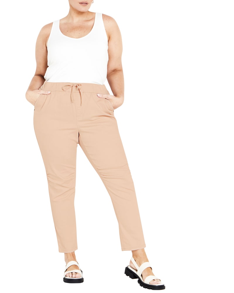 Front of a model wearing a size 18 PANT ALANA PULL ON in Blush by avenue. | dia_product_style_image_id:297805